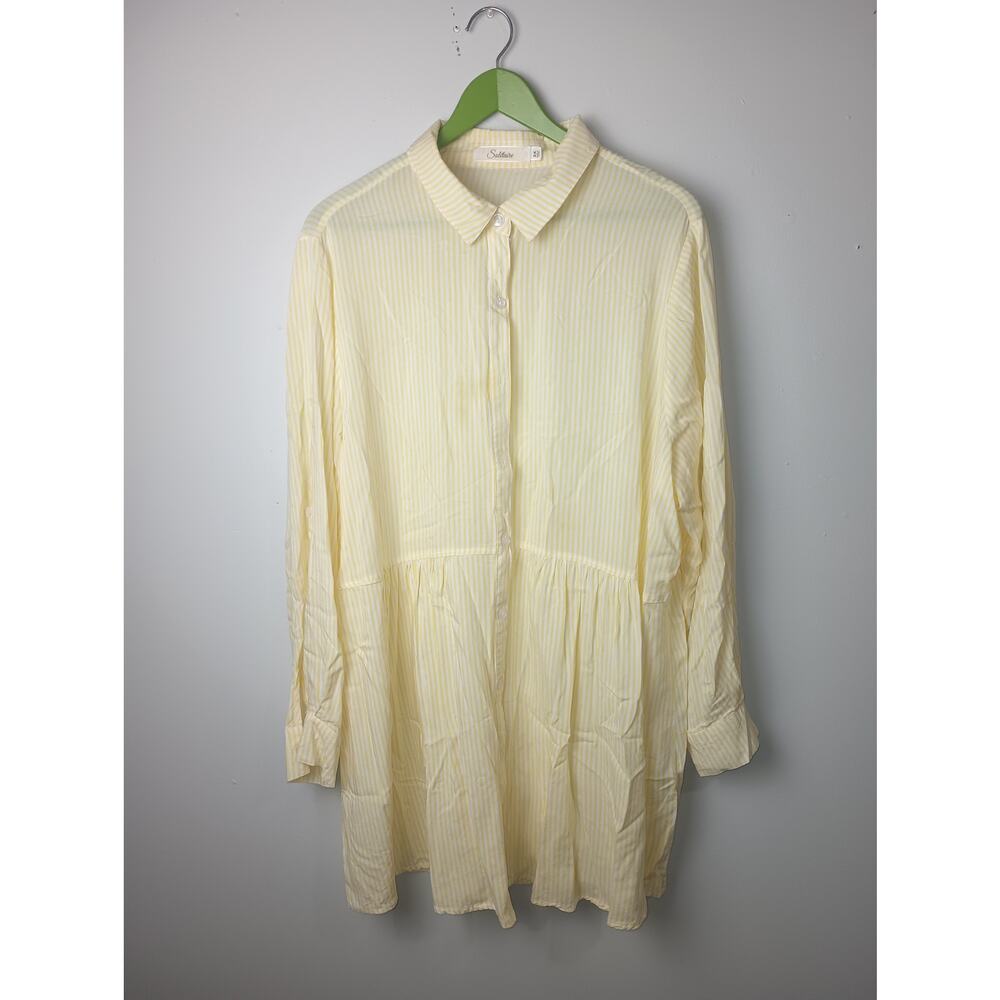 Women Striped Butter Yellow Collar Blouse Solitaire 2X Button up Office Vacation